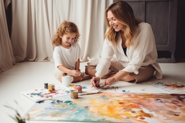 Zdjęcie matka i małe dziecko w domu, podczas gdy dziecko maluje szczęśliwie