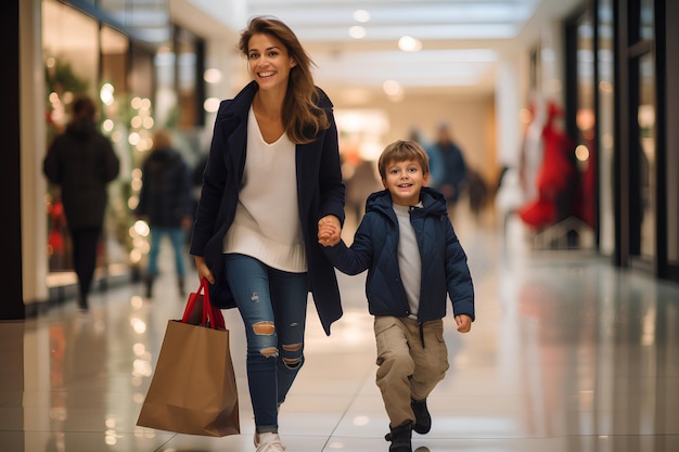 Matka i syn idą razem na zakupy prezentów świątecznych