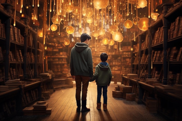 Zdjęcie matka i syn odkrywają księgarnię vintage generative ai