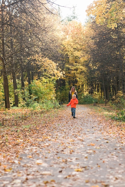 Matka i syn spacerują po jesiennym parku i cieszą się piękną jesienną przyrodą singlem