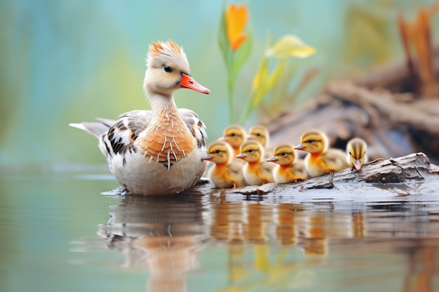Matka kaczka pilnuje pływających kacząt