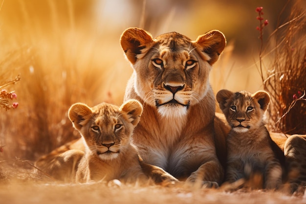 Matka lew i jej młode leżą w trawie.