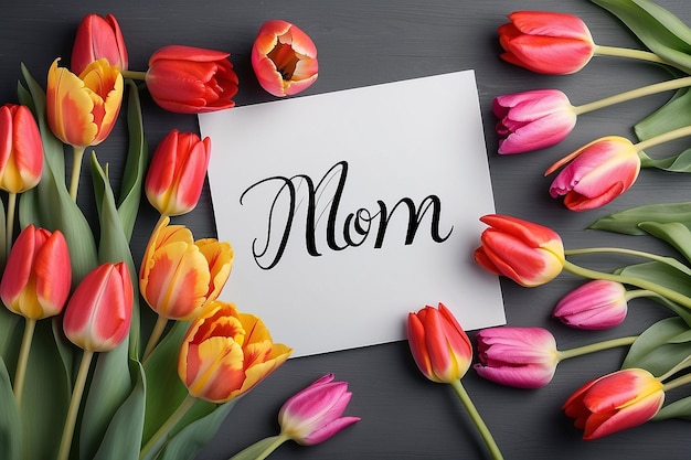 Matka napis z tulipanami i prezentem na stole