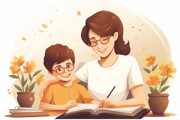 Matka pomagająca synowi w odrabianiu zadań domowych Generacyjna sztuczna inteligencja