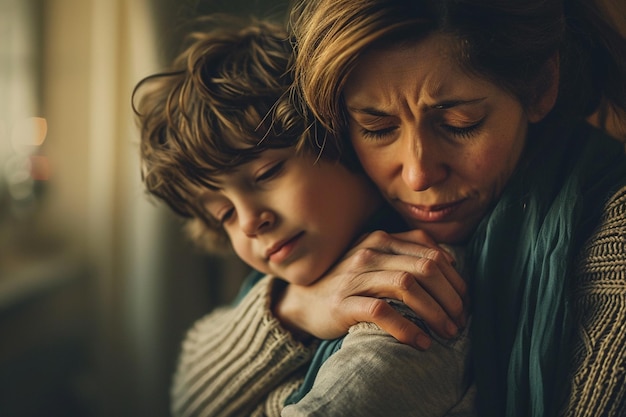 Zdjęcie matka uściskająca syna z smutnym wyrazem twarzy