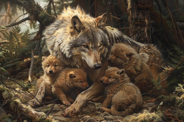 Matka wilk i jej trzy młode odpoczywają w lesie.