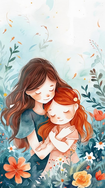 Matka z brunetnymi włosami i dziecko z czerwonymi włosami w delikatnym uścisku otoczone kwiatami