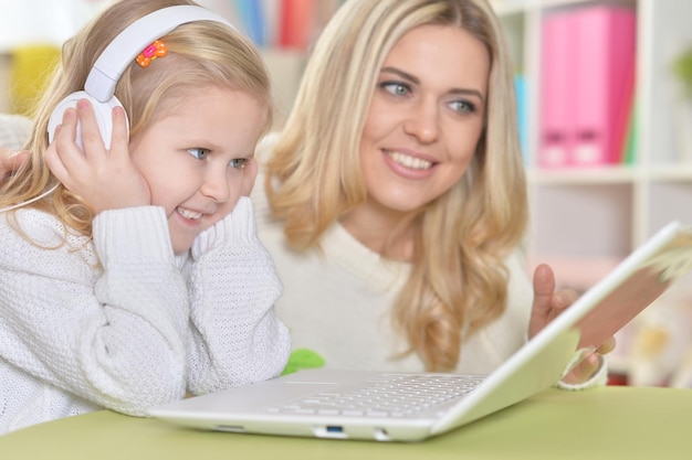 Matka z córeczką za pomocą laptopa
