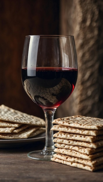 Zdjęcie matza z bliska i kielich z winem paschalnym na drewnianym stole żydowskie święto pascha