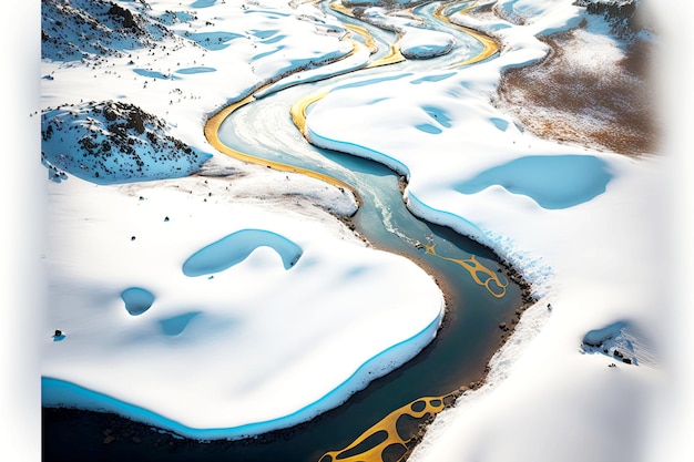 Meandrująca Islandia powietrzna rzeka z zaspami śnieżnymi i lodowymi