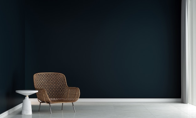 Meble do domu i dekoracji makiety wnętrza salonu i minimalistycznego stylu krzesła oraz pustej czarnej ściany w tle renderowania 3d