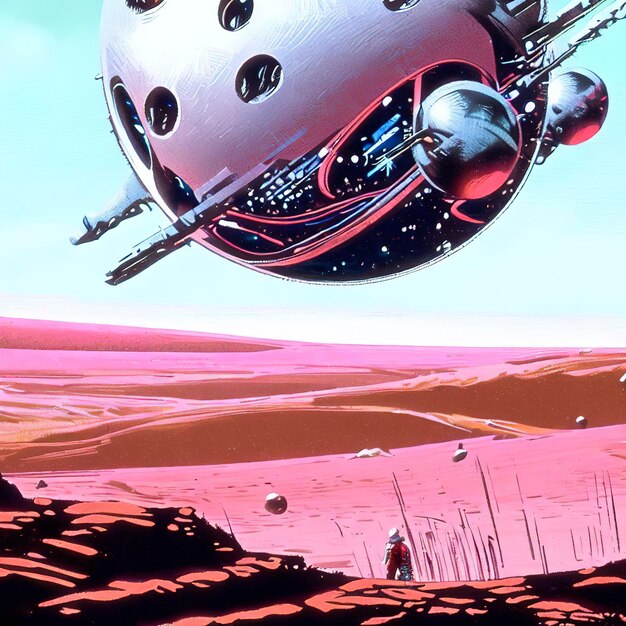Mechaniczna sfera pływająca nad różową pustynią, ilustracja science fiction z lat 70. autorstwa Moebiusa