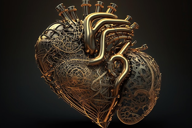 Mechaniczne metalowe anatomiczne serce robota-cyborga jest złote Koncepcja sztuki Generatywna sztuczna inteligencja