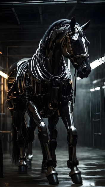 Mechaniczny koń w futurystycznej stajni.