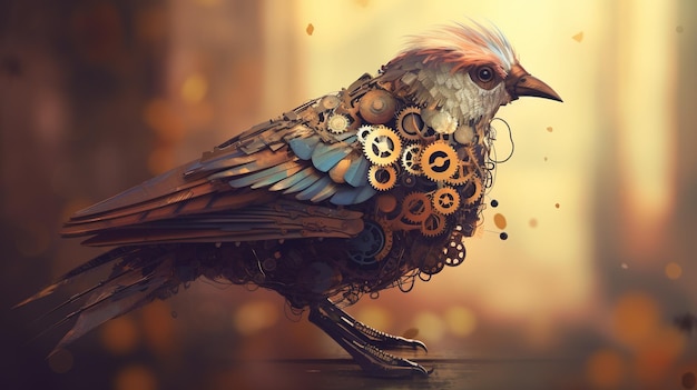 Mechaniczny ptak z kołami zębatymi i sprężynami Koncepcja fantasy Malarstwo ilustracyjne Generatywna sztuczna inteligencja