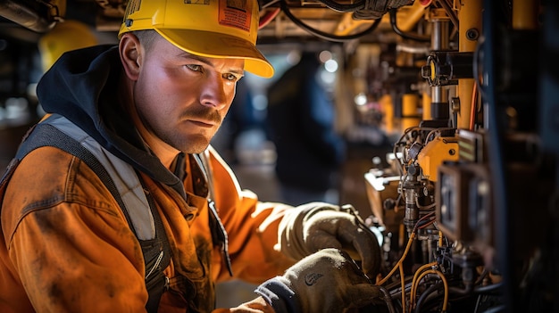 Mechanik ciągnika maszynowego sprawdza sprzęt hydraulicznego układu węża na koparce