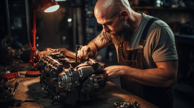 Zdjęcie mechanik naprawiający silnik samochodu w garażu