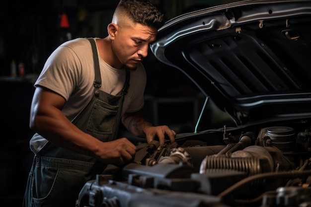 Mechanik pracujący nad silnikiem samochodowym w garażu