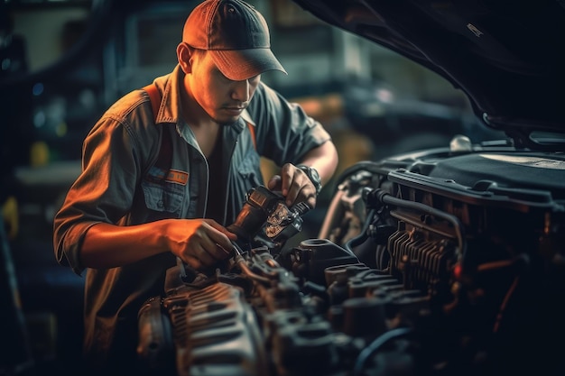 Mechanik pracujący nad silnikiem samochodowym