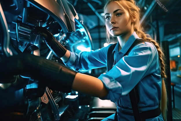 Mechanik pracujący pod pojazdem w serwisie samochodowym Upoważniająca kobieta