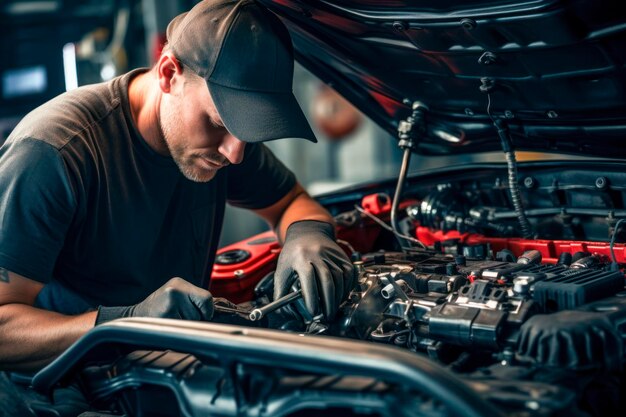 Zdjęcie mechanik przeprowadzający naprawy elementów silnika