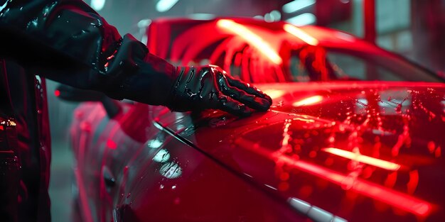 Zdjęcie mechanik samochodowy nakładający folii ochronnej na powierzchnię samochodu w warsztacie w celu ochrony powierzchni samochodu koncepcja ochrona samochodu powierzchnia samochodu folia ochronna warsztat mechanika samochodowy