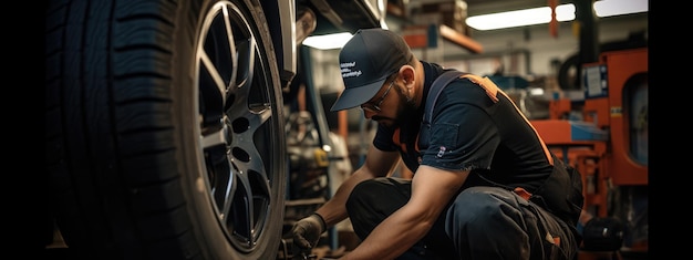 Mechanik samochodowy pracujący w garażu i zmieniający opony ze stopów kołowych Serwis naprawy lub konserwacji samochodów