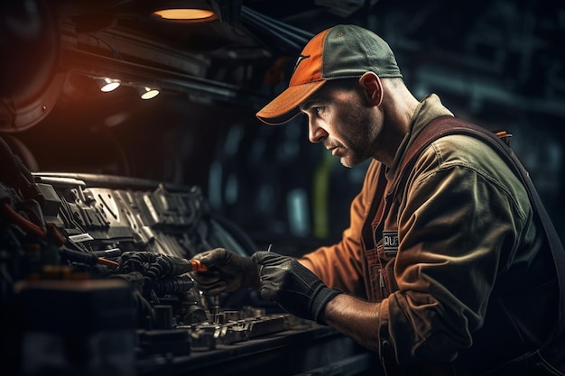 Mechanik samochodowy pracujący w garażu Serwis naprawczy