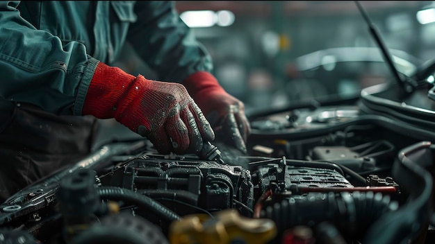 mechanik samochodowy pracujący w warsztacie mechanik samochodów naprawiający silnik samochodu robotnik w pracy