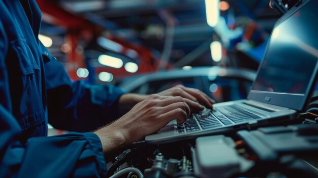 Mechanik samochodowy używa laptopa podczas przeprowadzania testów diagnostycznych Specjalista sprawdza dzienniki danych pojazdu w celu wykrycia wszelkich usterek lub błędów