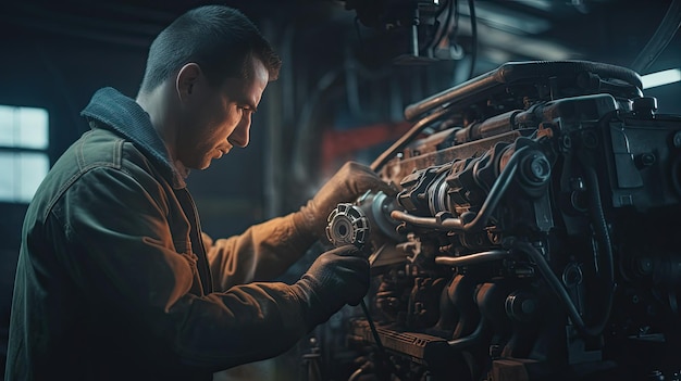 Mechanik sprawdza fotorealistyczną ilustrację silnika
