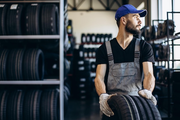 Mechanik w serwisie samochodowym zmieniający opony