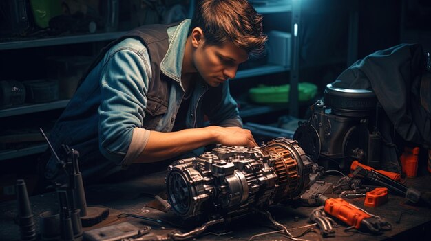 Zdjęcie mechanik zajmujący się naprawą skrzyni biegów