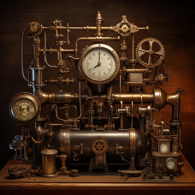Mechanizm maszyny steampunk Stara machina z silnikiem vintage z przekładniami, rurami i miernikami Generatywna sztuczna inteligencja