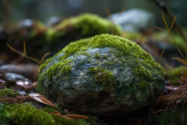 Mechata skała spoczywająca na łożu leśnych liści Generacyjna sztuczna inteligencja