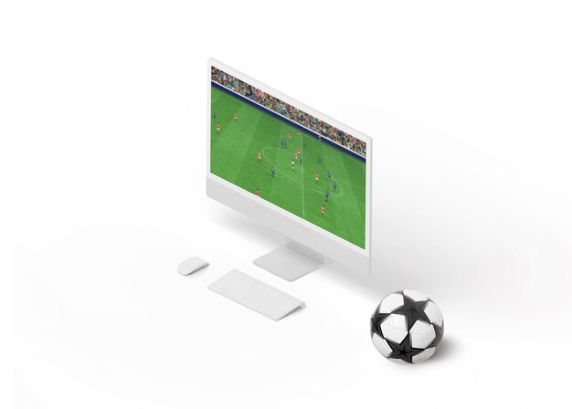Mecz piłki nożnej na wyświetlaczu Koncepcja strumieniowego przesyłania wydarzeń sportowych online Widok izometryczny Piłka nożna obok