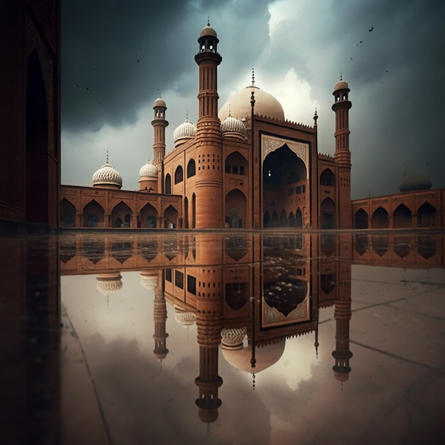 Meczet Badshahi z pochmurnym niebem w tle