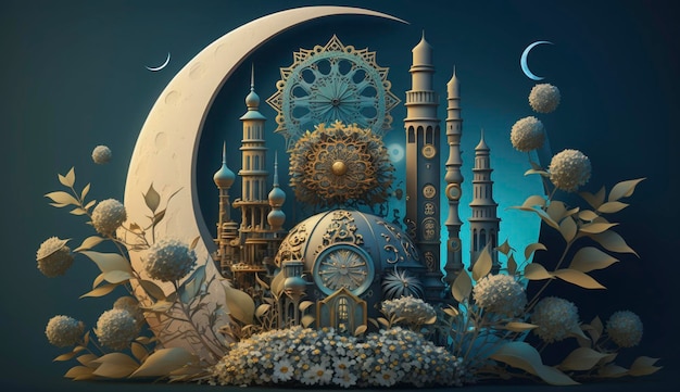 Meczet i księżyc na niebieskim tle renderowania 3D i ilustracji Generowanie Ai