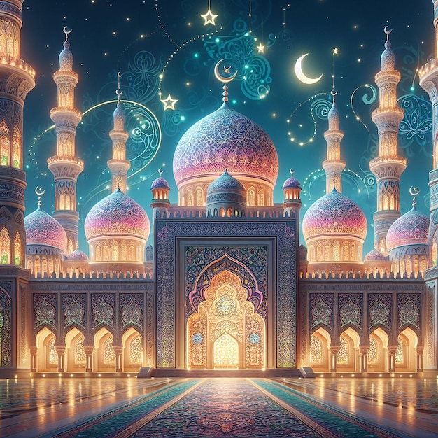 Meczet islamski Ramadan Kareem i Eid Mubarak pozdrowienia generatywne ai