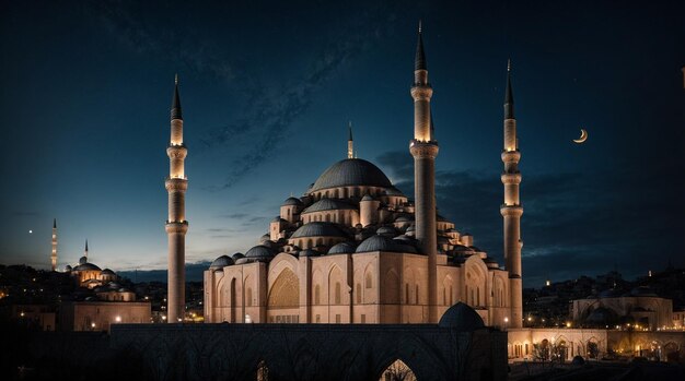Zdjęcie meczet muzułmański w środku jest kształt półksiężyca na szczycie nocne niebo generatywna sztuczna inteligencja