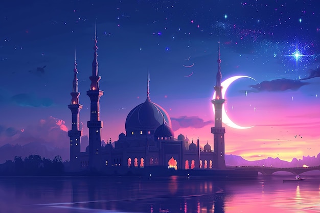 Meczet muzułmański z księżycem i gwiazdami w nocy Scena Meczet w noc ramadanu z pięknym niebem