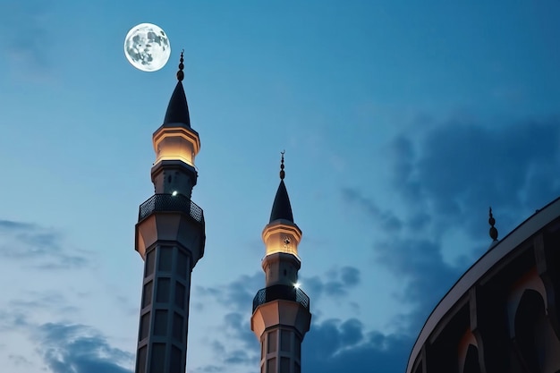 Meczet muzułmańskiego święta Ramadan w chmurach w nocy półksiężyca generowany przez AI