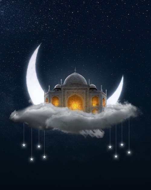 Meczet Na Chmurze I Fantazyjnym świecącym Księżycu