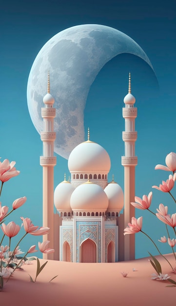 Meczet na niebieskim tle renderowania 3D i ilustracji generuje ai