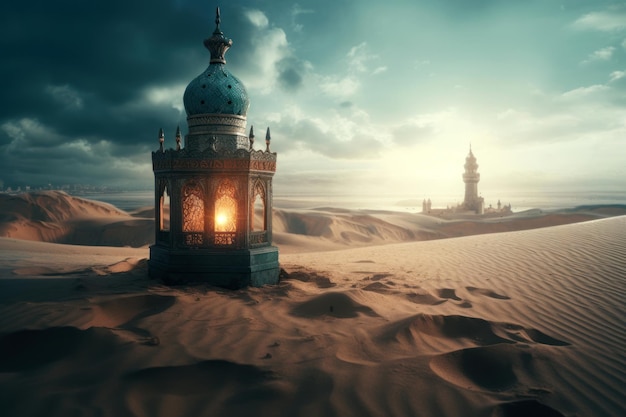 Meczet na pustyni z błękitnym niebem i wieżą w tle.