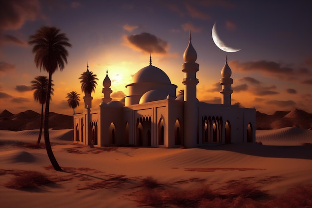 Meczet na pustyni z księżycem w tle