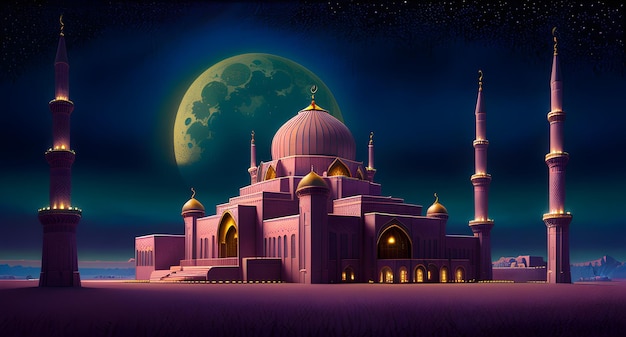 Meczet na tle Ramadan Eid Piękny nocny widok gwiazd księżyca Niesamowita architektura islamu AI