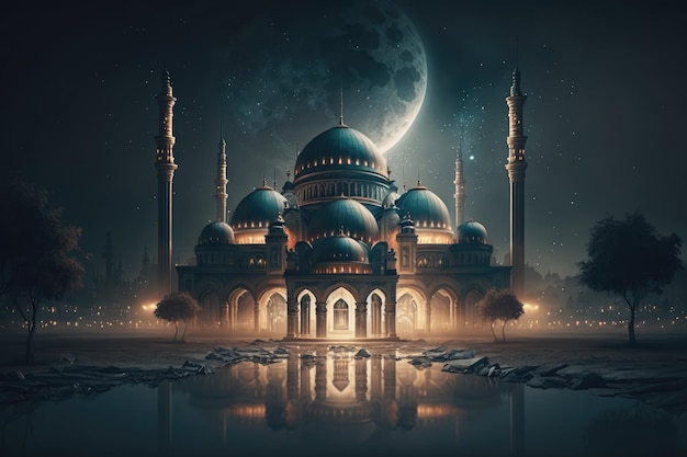 Meczet nocą. Budynek meczetu w magicznym świetle księżyca. Ramadan kareem tapeta. Ilustracja meczetu