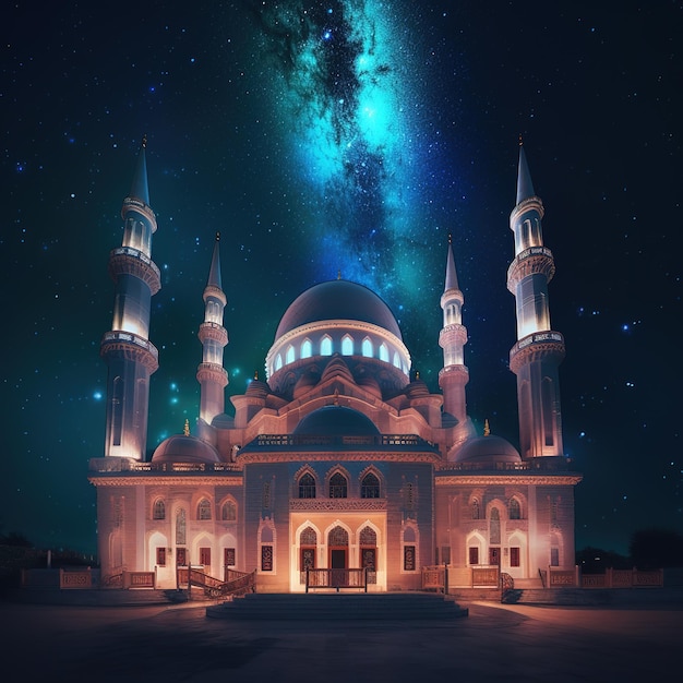 meczet piękności z kolorowymi światłami i pełnym gwiazdowym tłem nieba w nocy