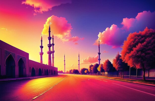 Meczet Ramadan Kareem Ilustracja przedstawiająca architekturę islamu Islamski sztandar Ramzan Generative AI